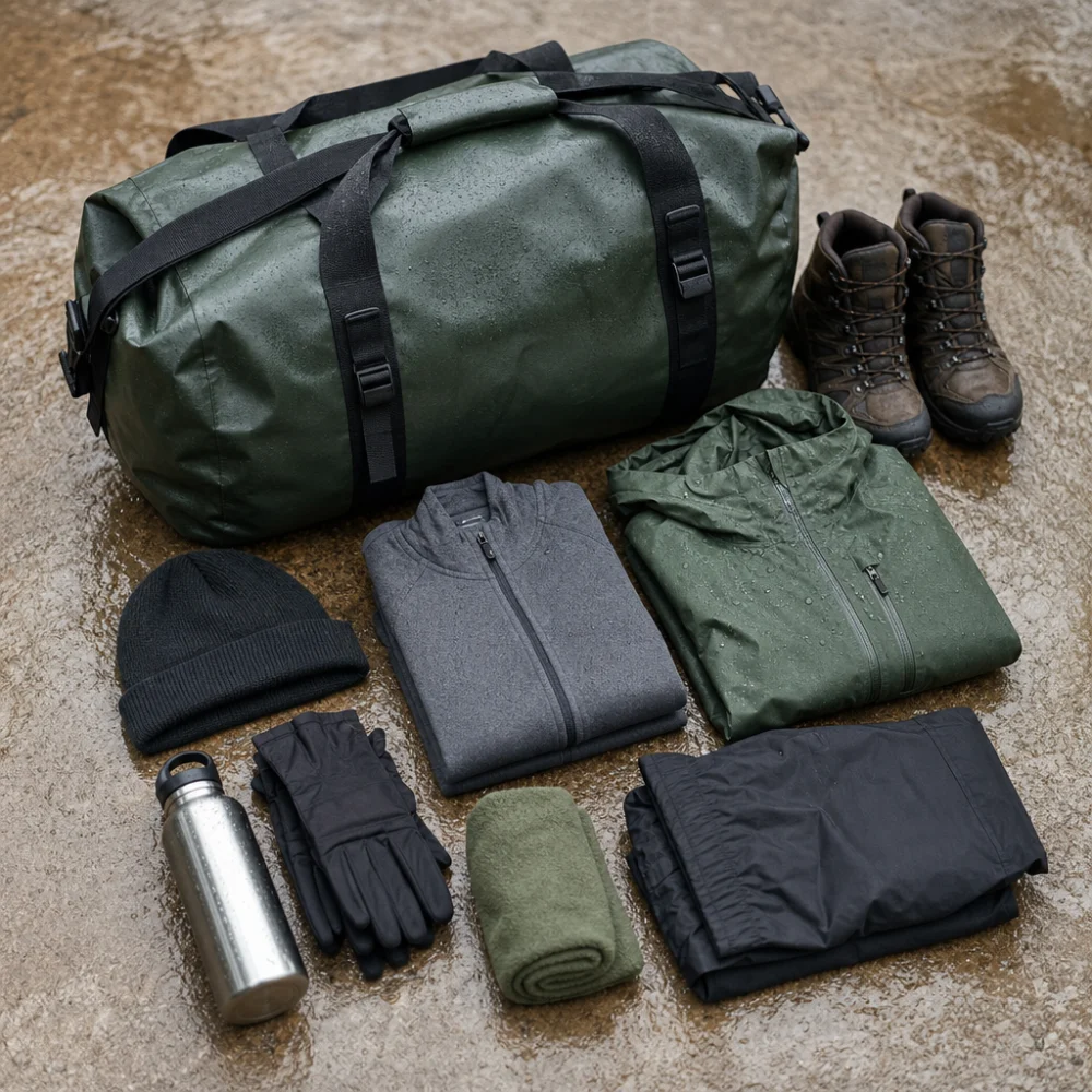 A waterproof duffel bag with outdoor gear arranged beside it on a neutral background.