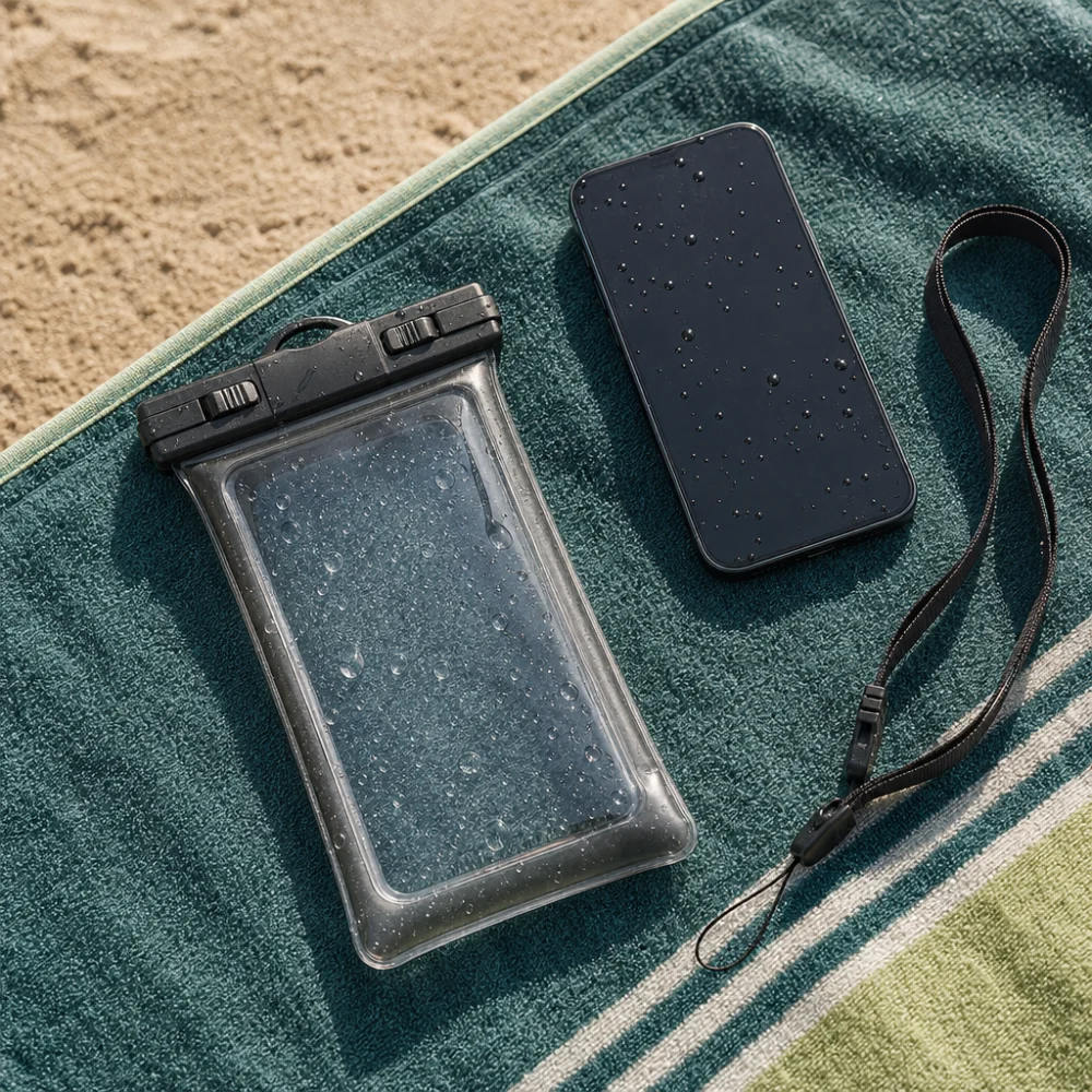 A waterproof phone pouch beside a phone on a wet towel near water