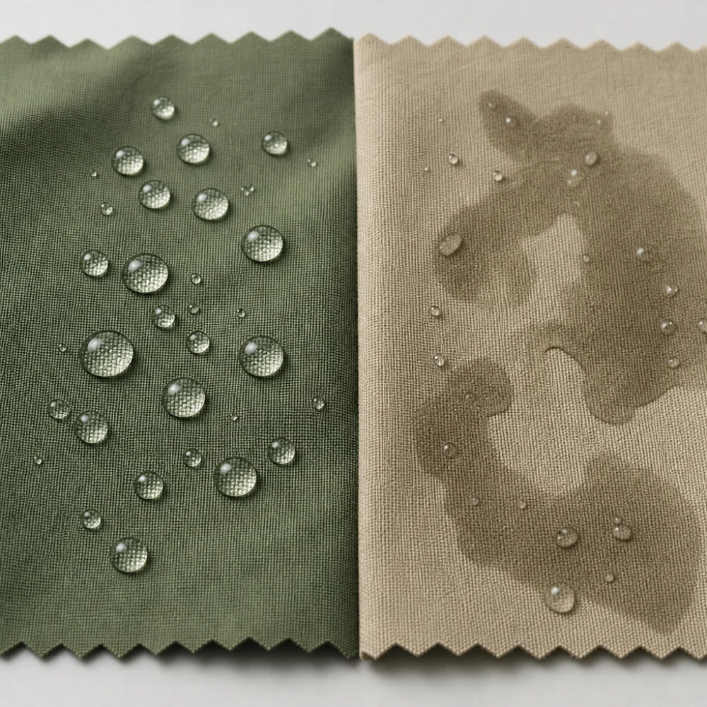 Two plain fabric swatches showing different levels of water beading.
