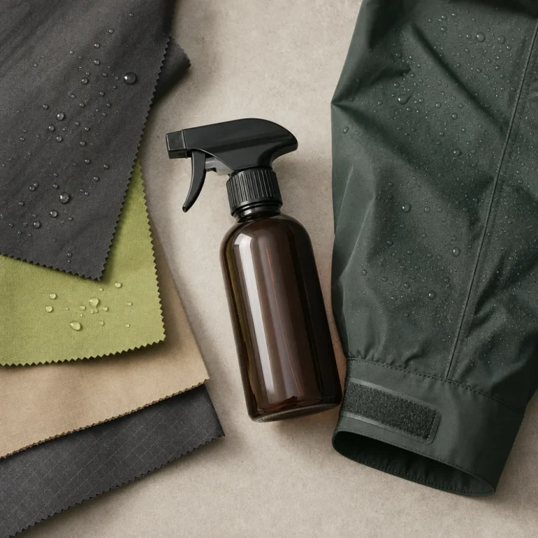 An unbranded spray bottle next to outdoor fabric and a jacket sleeve on a neutral surface.