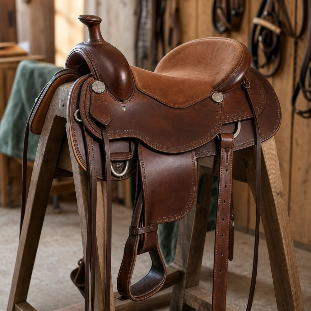 Western saddle on a saddle stand in a neutral tack-room setting