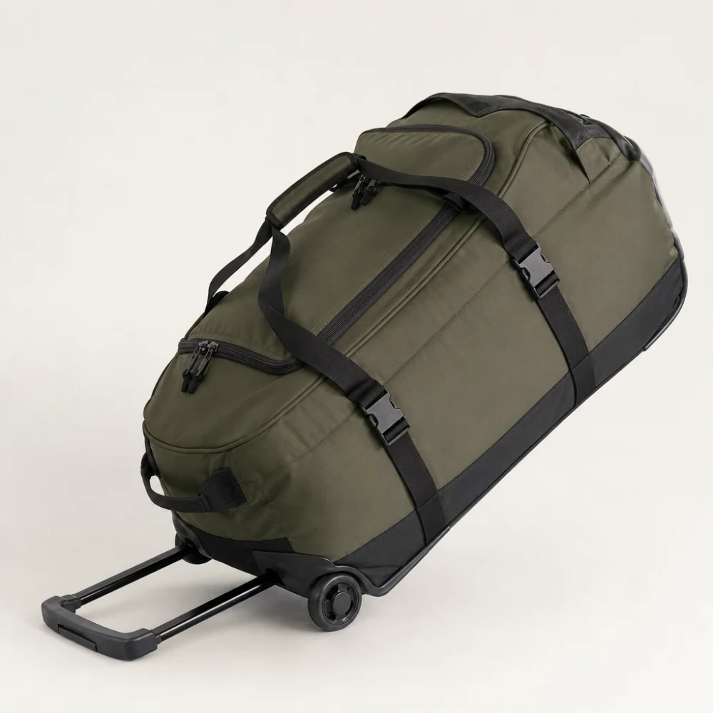 A wheeled duffel bag in a simple studio setting, shown with its wheels and pull handle visible.