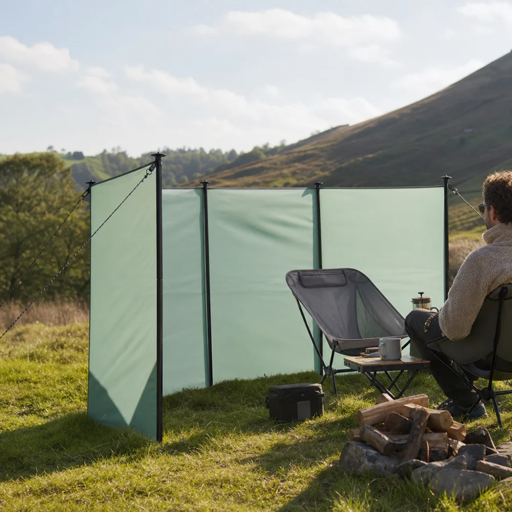 A simple wind shelter set up beside a campsite seating area