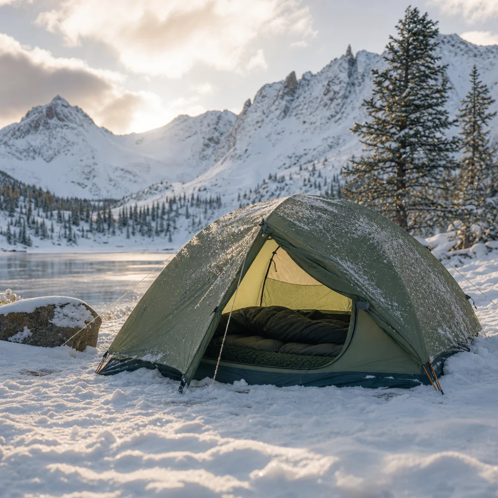 A tent set up in a snowy winter campsite