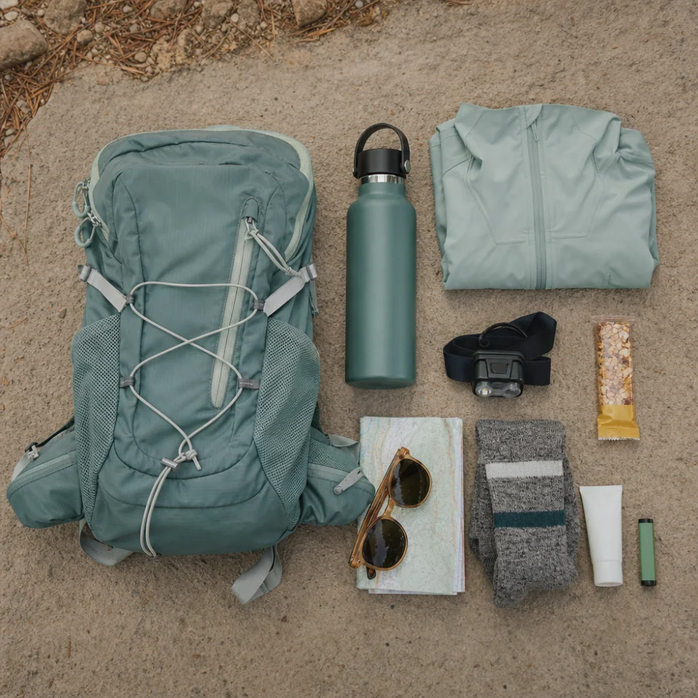 A women’s hiking pack arranged with simple trail essentials on a neutral background.