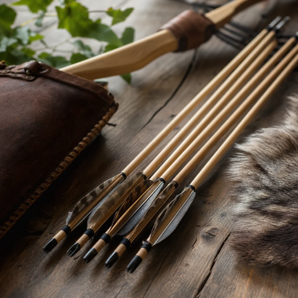Wood arrows arranged on a plain surface with simple archery equipment.