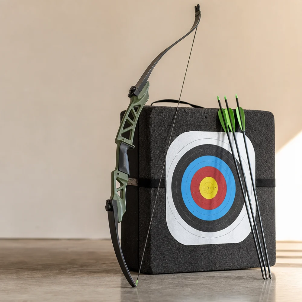 Youth bow shown with a simple target setup on a plain background.