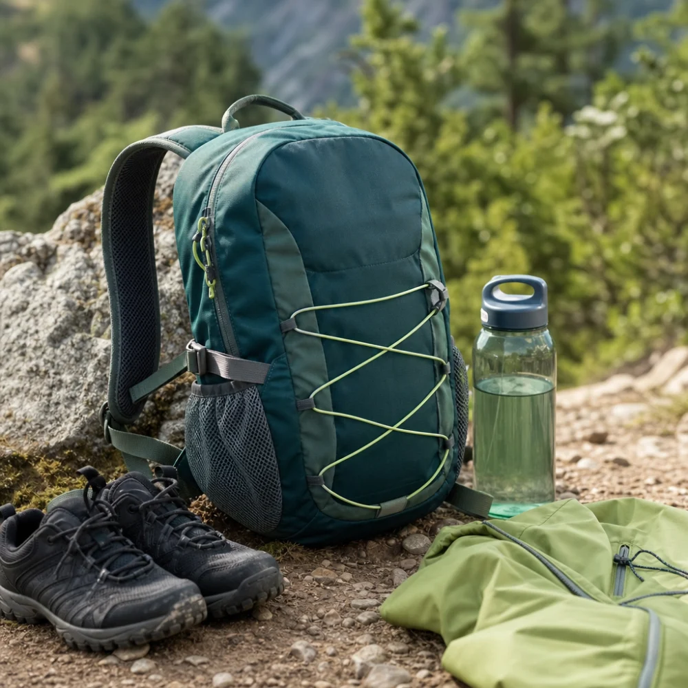 Youth hiking backpack with simple trail essentials in an outdoor setting