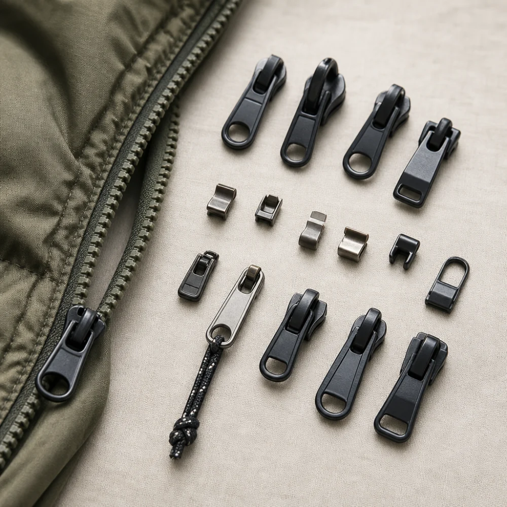 Generic zipper repair parts beside a zipper on neutral fabric